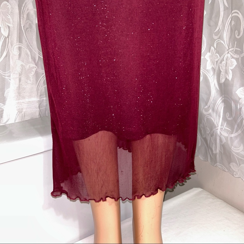 Burgundy Sparkly Lettuce Trim Y2K Witchy Midi Fitted Skirt